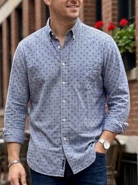 New England Shirt Co. Made in USA 100% Linen Blue Rose Print Shirt Large